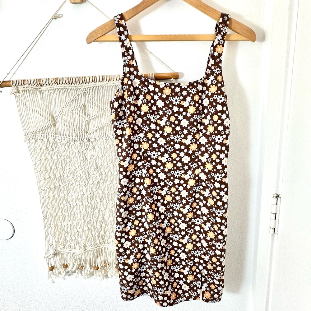 Hollister California 70s Daisy Brown Bohemian Hippie Floral Tank Dress Small
